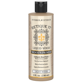 Retique It® Wood'n Primer for light wood surfaces, showing a close-up of the primer applied on a wooden surface.