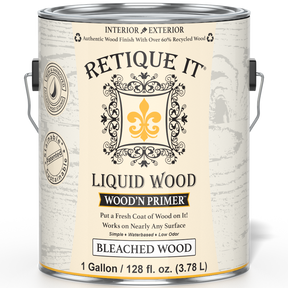 Liquid Wood Wood'n Primer by Retique It in bleached wood color, 128 fl oz, showing the primer can and wood surface preparation.
