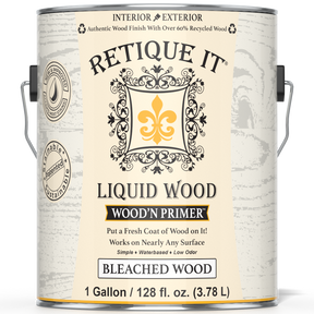 Liquid Wood Wood'n Primer by Retique It in bleached wood finish, 128 fl oz, showing the primer's container with label and color.