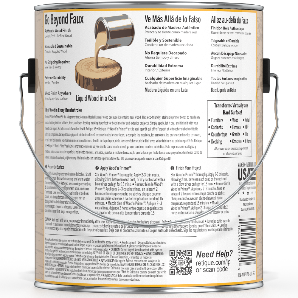 Retique It® Liquid Wood Wood'n Primer in light wood finish, 128 fl oz, shown on back of the primer container.