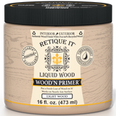 Retique It Liquid Wood Wood'n Primer for light wood, 16 fl oz, showing primer applied on a wooden surface for woodworking projects.