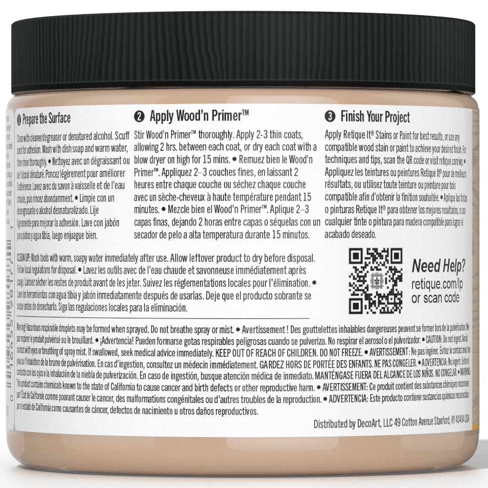 Retique It® Liquid Wood Wood'n Primer in Light Wood, 16 fl oz, showing the primer applied to a wooden surface.