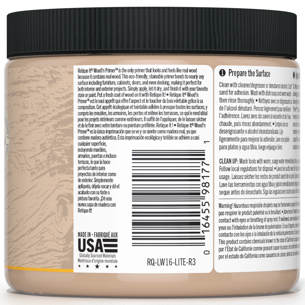 Retique It® Liquid Wood Wood'n Primer in light wood color, 16 fl oz, shown on a surface ready for finishing.