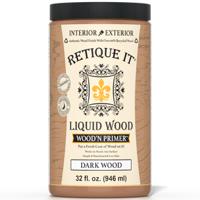 Liquid Wood Wood'n Primer by Retique It in dark wood finish, 32 fl oz, shown in a close-up of the primer bottle with dark wood background.