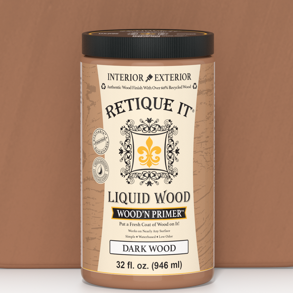 Swatch of Retique It Liquid Wood Wood'n Primer in Dark Wood, 32 fl oz, showing a rich dark wood finish for furniture or craft projects.