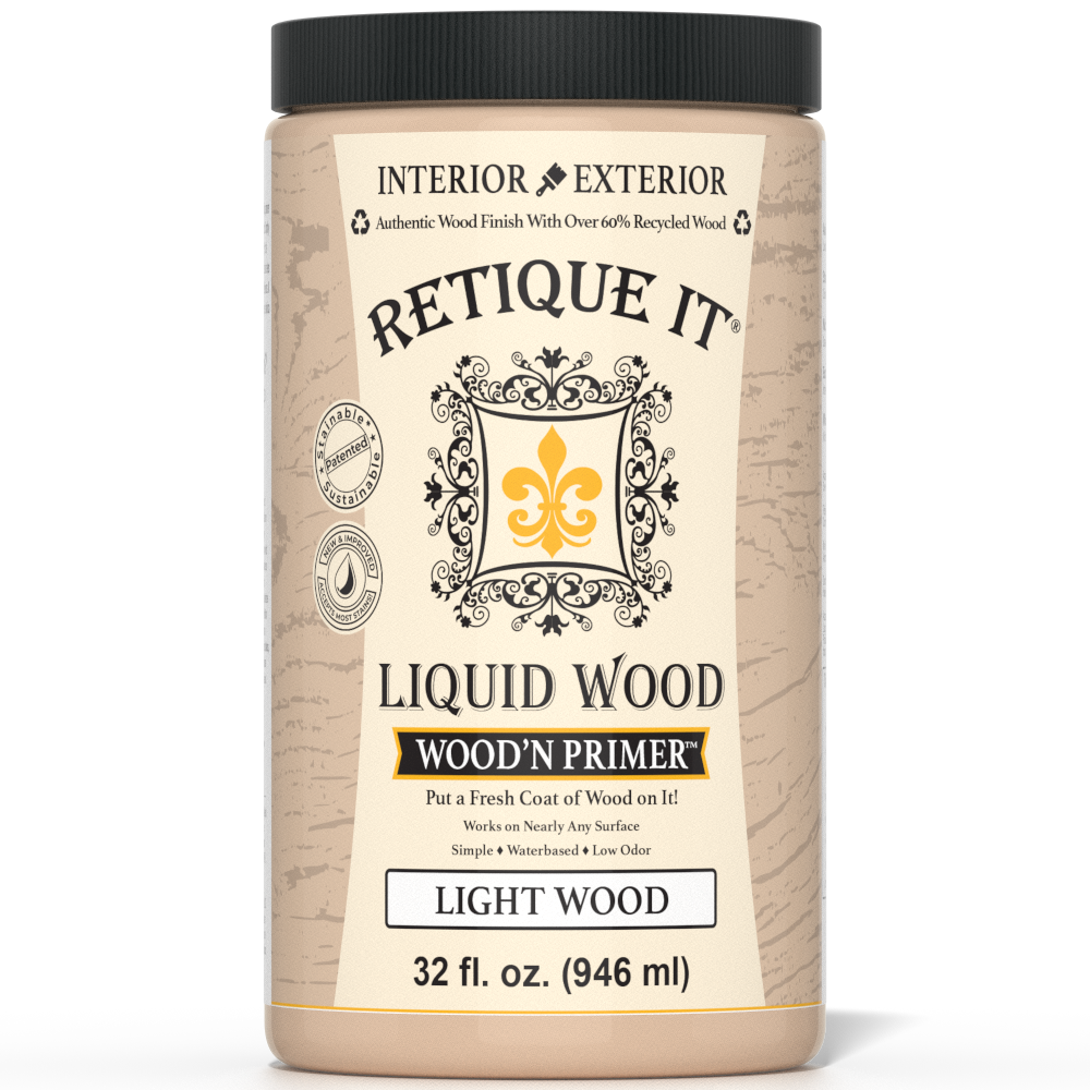 Retique It® Liquid Wood Wood'n Primer in Light Wood, 32 fl oz, showing the primer in a container with light wood finish on the label.