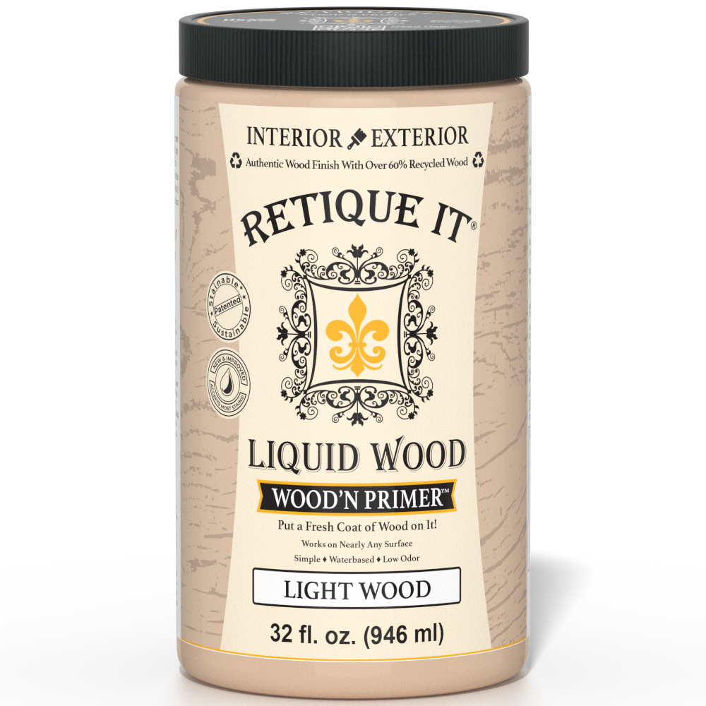 Retique It Liquid Wood Wood'n Primer in Light Wood, 32 fl oz, showing the primer's smooth application on wood surface