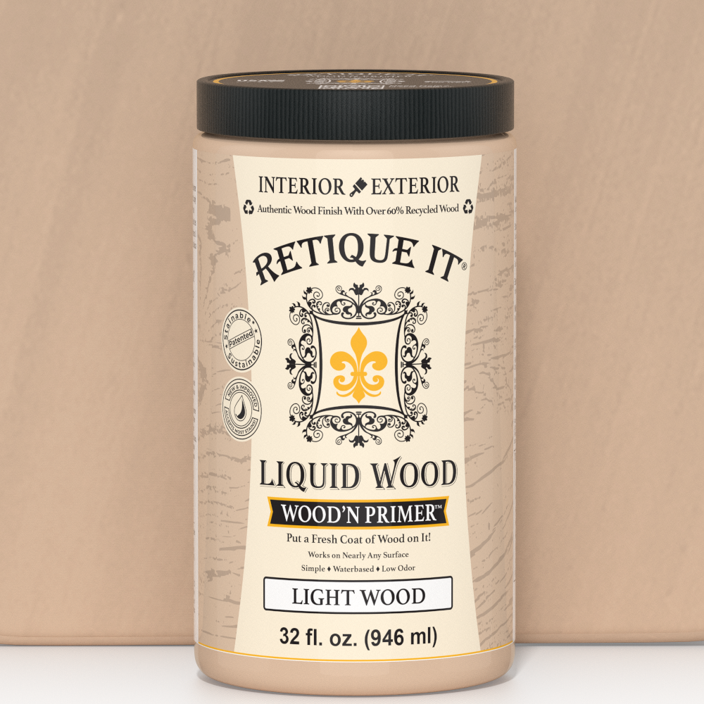 Swatch of Liquid Wood Wood'n Primer in Light Wood by Retique It®, 32 oz, showing a light wood-colored primer for furniture and craft projects.