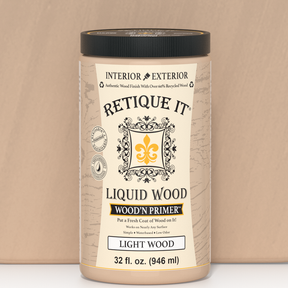 Swatch of Liquid Wood Wood'n Primer in Light Wood by Retique It®, 32 oz, showing a light wood-colored primer for furniture and craft projects.