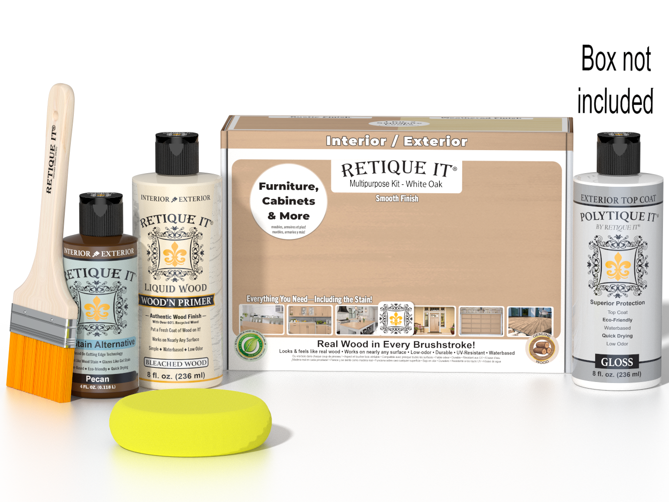 Retique It® White Oak Multi-purpose Smooth Finish Kit for exterior wood with gloss top coat, includes application tools.