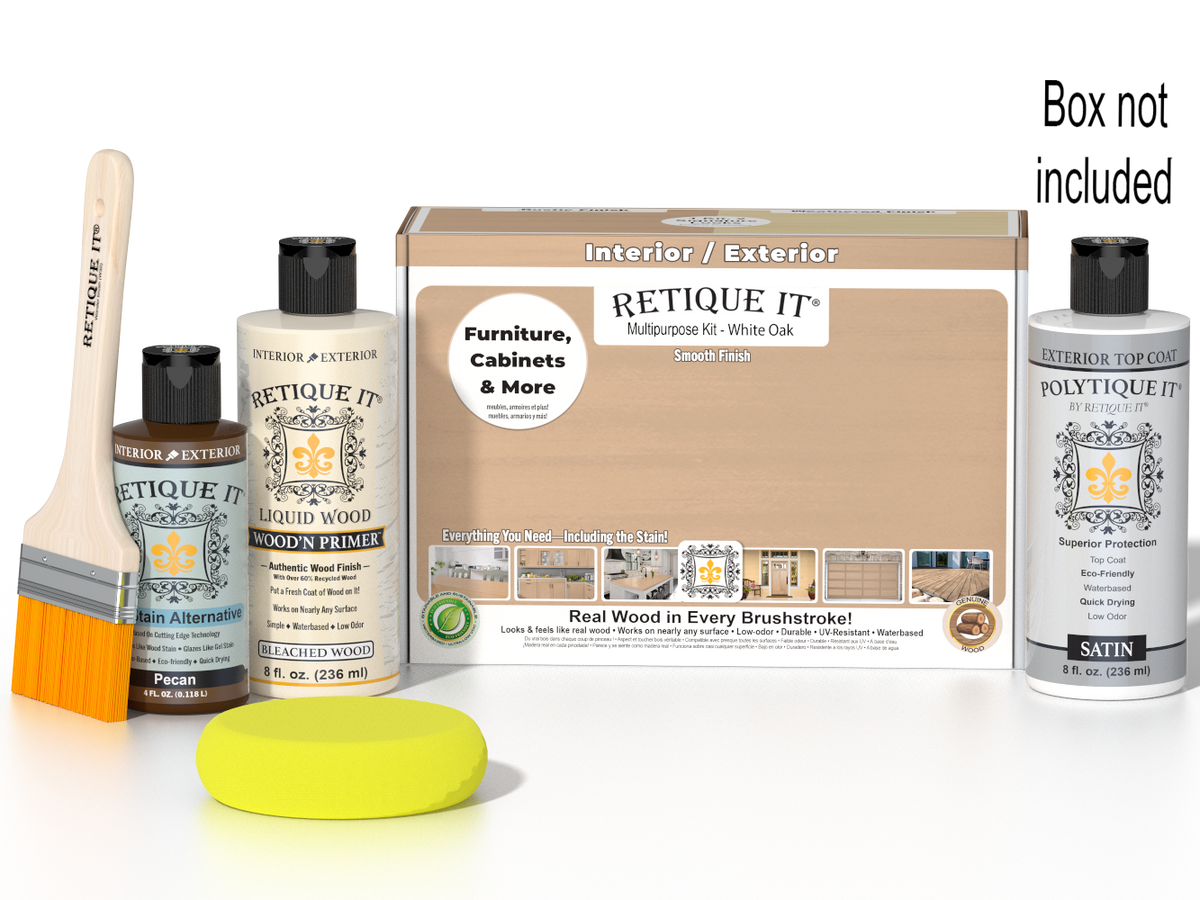 Retique It White Oak multi-purpose exterior satin top coat wood finish kit with smooth finish and included applicator tools.