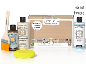Retique It® Multi-purpose Smooth Finish Kit in White Oak for interior wood top coat, includes application tools and finish samples.