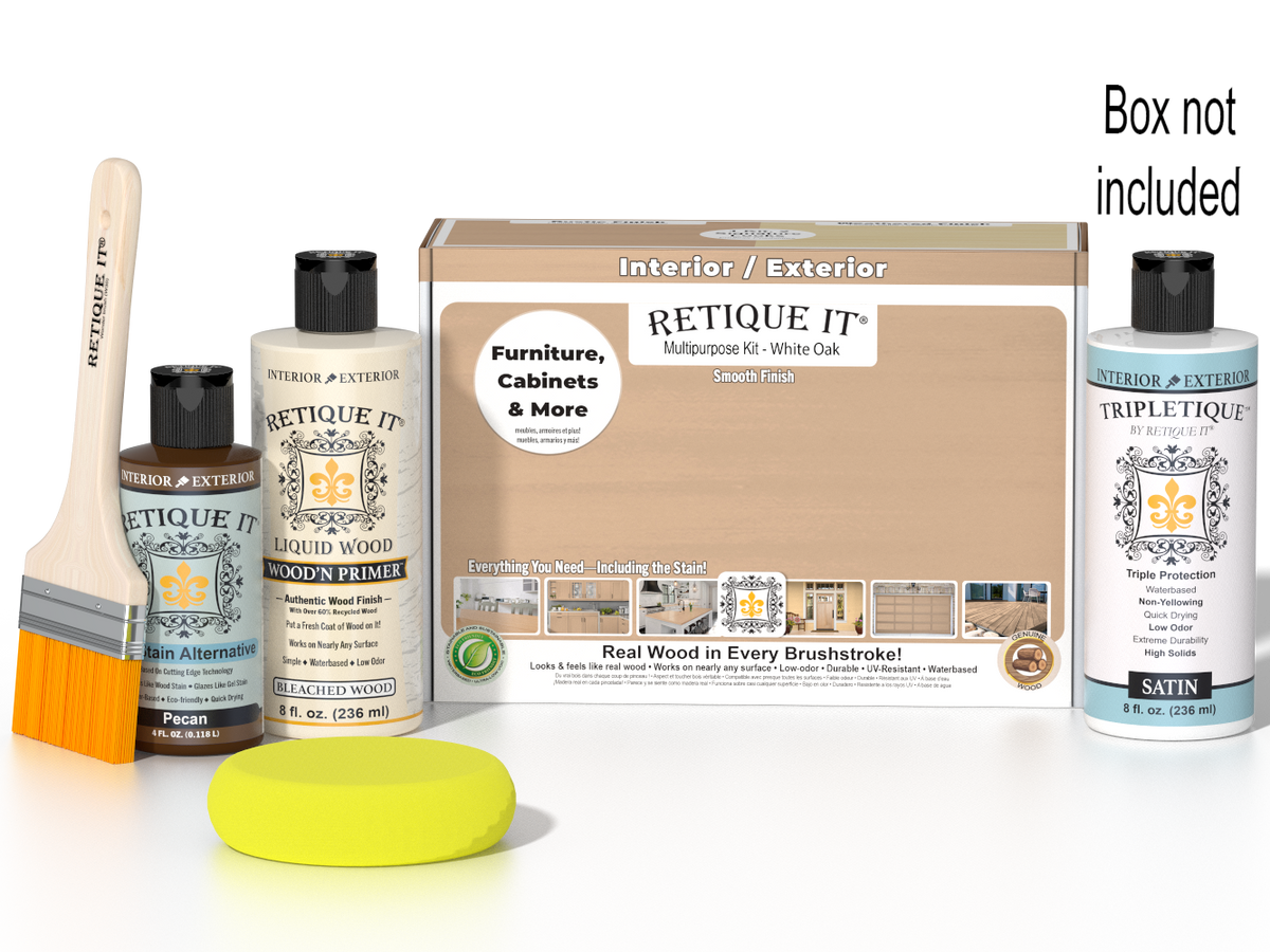 Retique It Multi-purpose Smooth Finish Kit in White Oak for interior top coat, showing the complete wood finishing set and tools.
