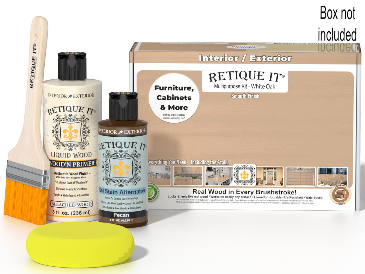 Retique It® wood finish kit in White Oak with smooth finish, includes brushes and tools for multi-purpose wood refinishing.
