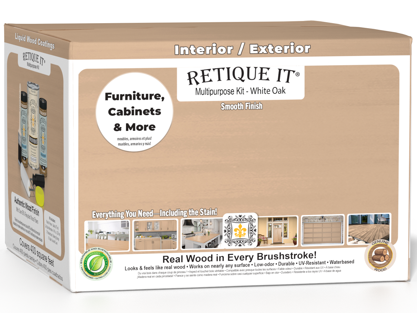 Retique It® White Oak exterior top coat multi-purpose finish kit with four large containers, smooth matte finish for wood surfaces.