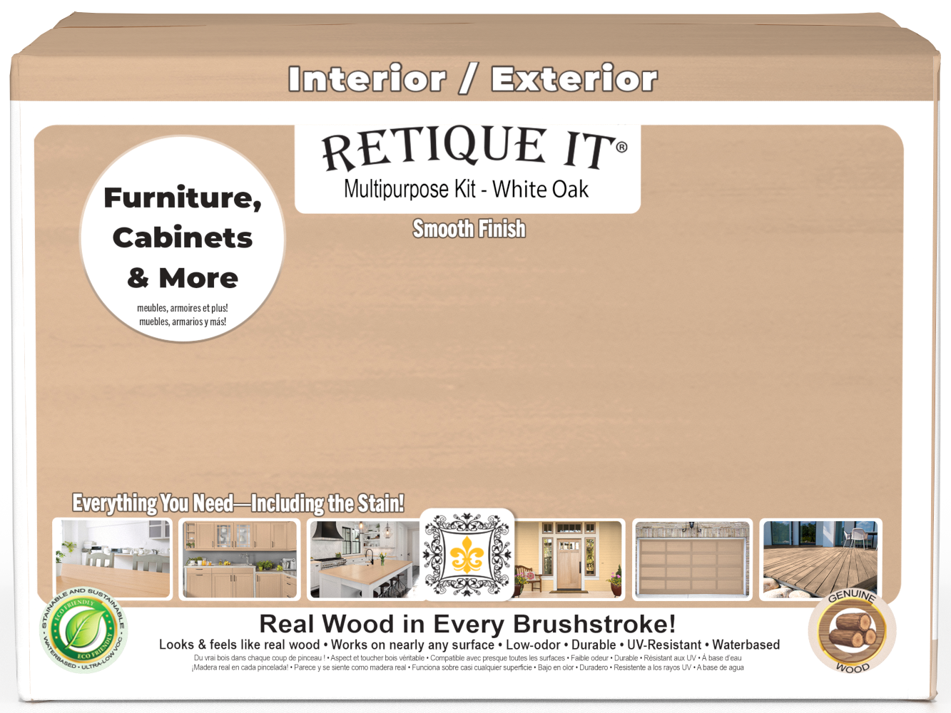 Retique It® White Oak Multi-purpose Smooth Finish Kit with exterior top coat, featuring four large wood finish containers in a box.