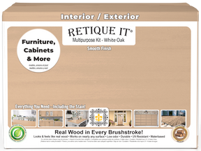 Retique It® White Oak Multi-purpose Smooth Finish Kit with exterior top coat, featuring four large wood finish containers in a box.