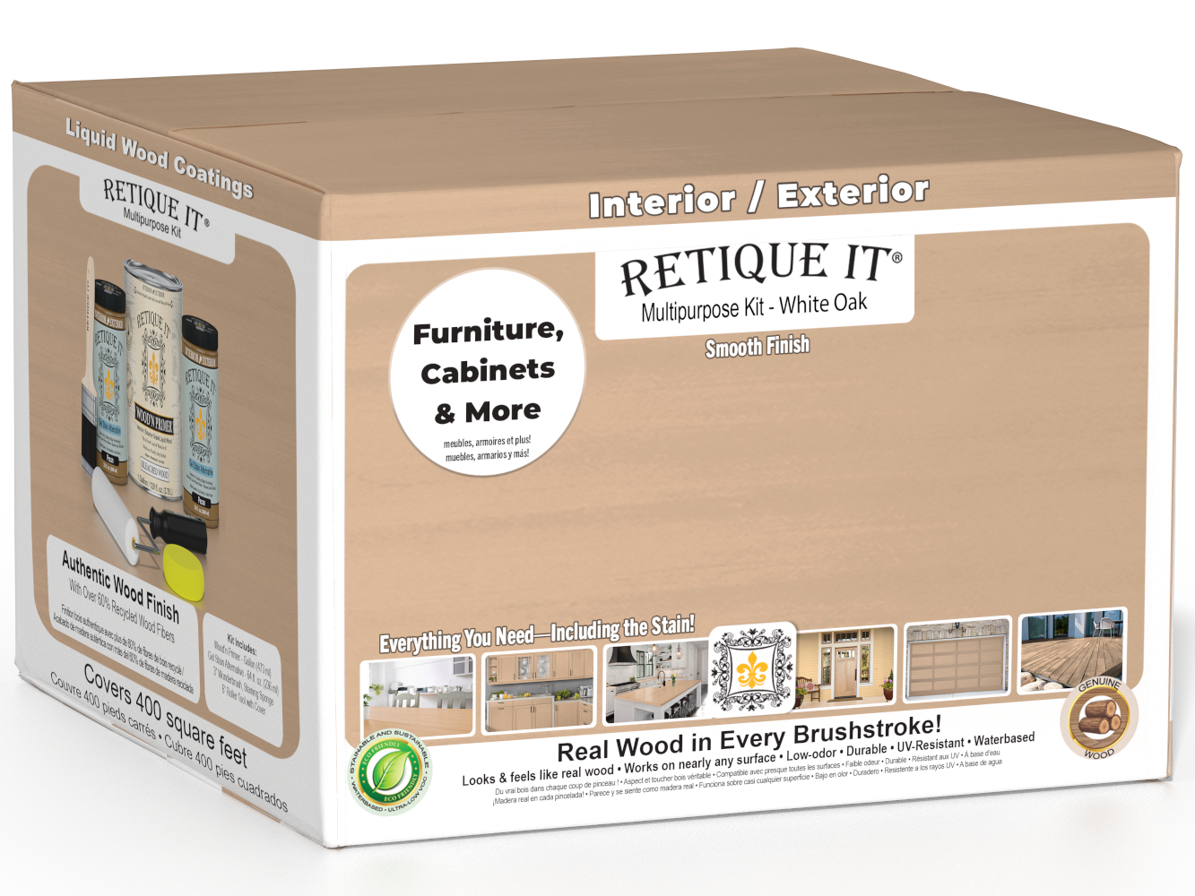 Retique It® Wood'n Finish Kit with four white oak exterior top coat bottles, smooth matte finish for wood surfaces.
