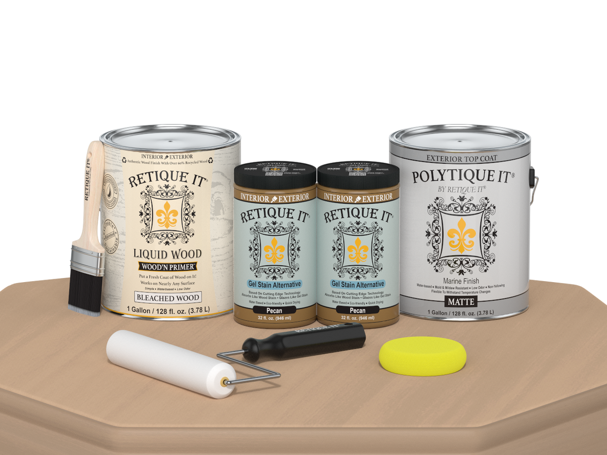 Retique It® White Oak Multi-purpose Smooth Finish Kit with 4 large exterior wood top coats, matte finish, for wood furniture and surfaces.