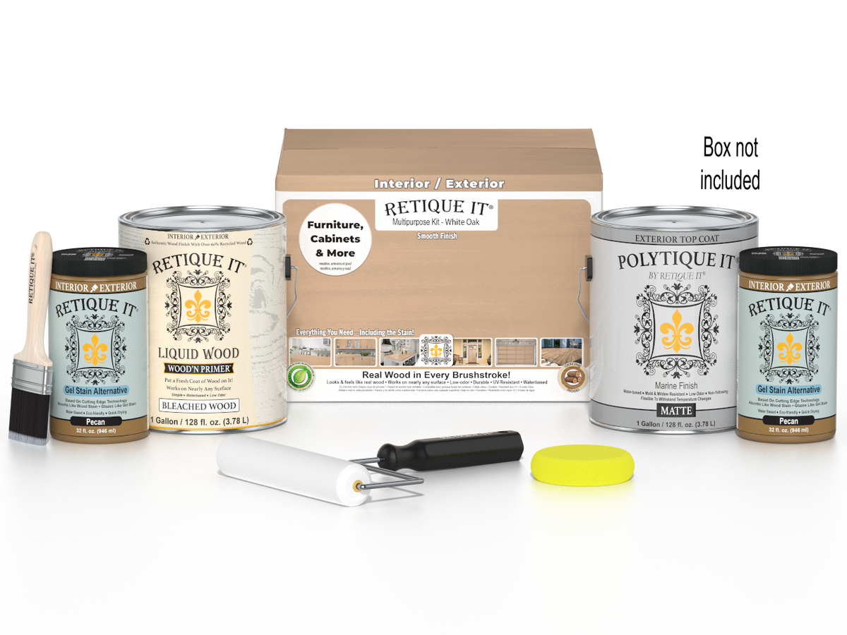 Retique It® White Oak Multi-purpose Smooth Finish Kit with four large exterior top coat bottles for wood projects.