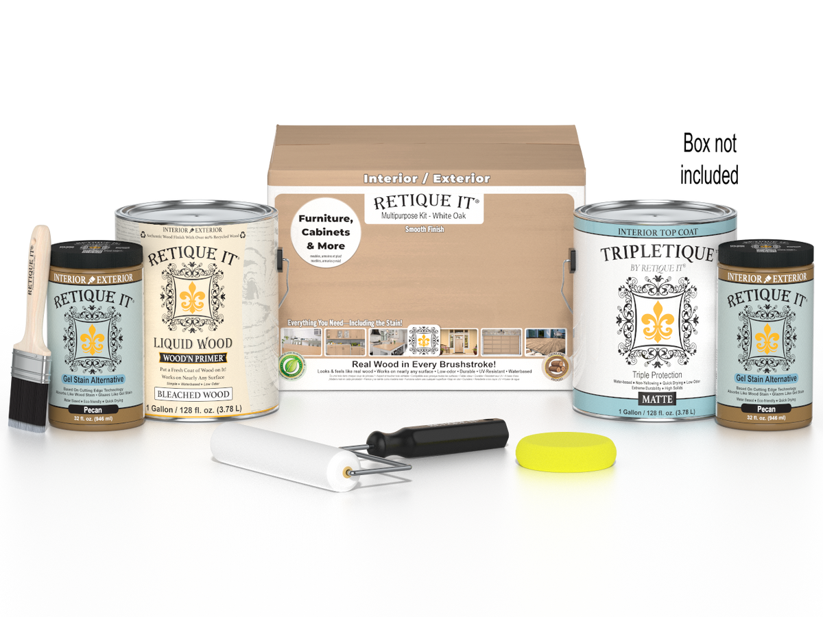 Retique It® Wood'n Finish Kit with four large white oak interior top coat bottles in a smooth, matte finish.