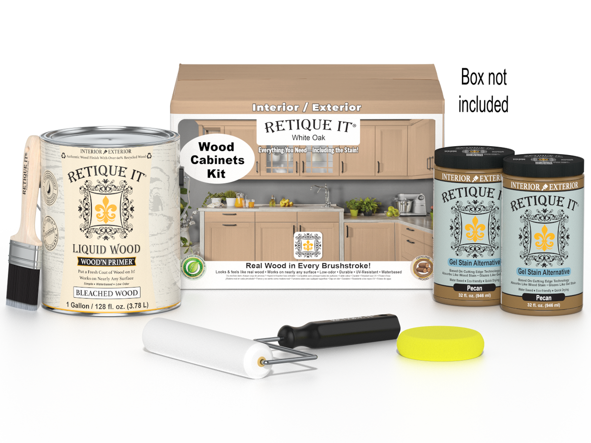 White oak Wood'n Cabinet Kit with 48 smooth doors from Retique It®, showcasing stained cabinetry for kitchen or bathroom use.