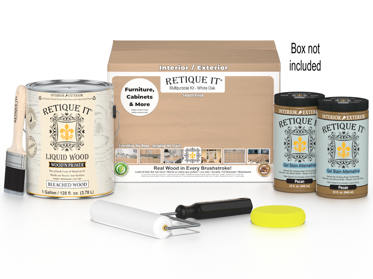 Retique It® White Oak multi-purpose wood finish kit with four large containers, featuring smooth, natural wood surface.