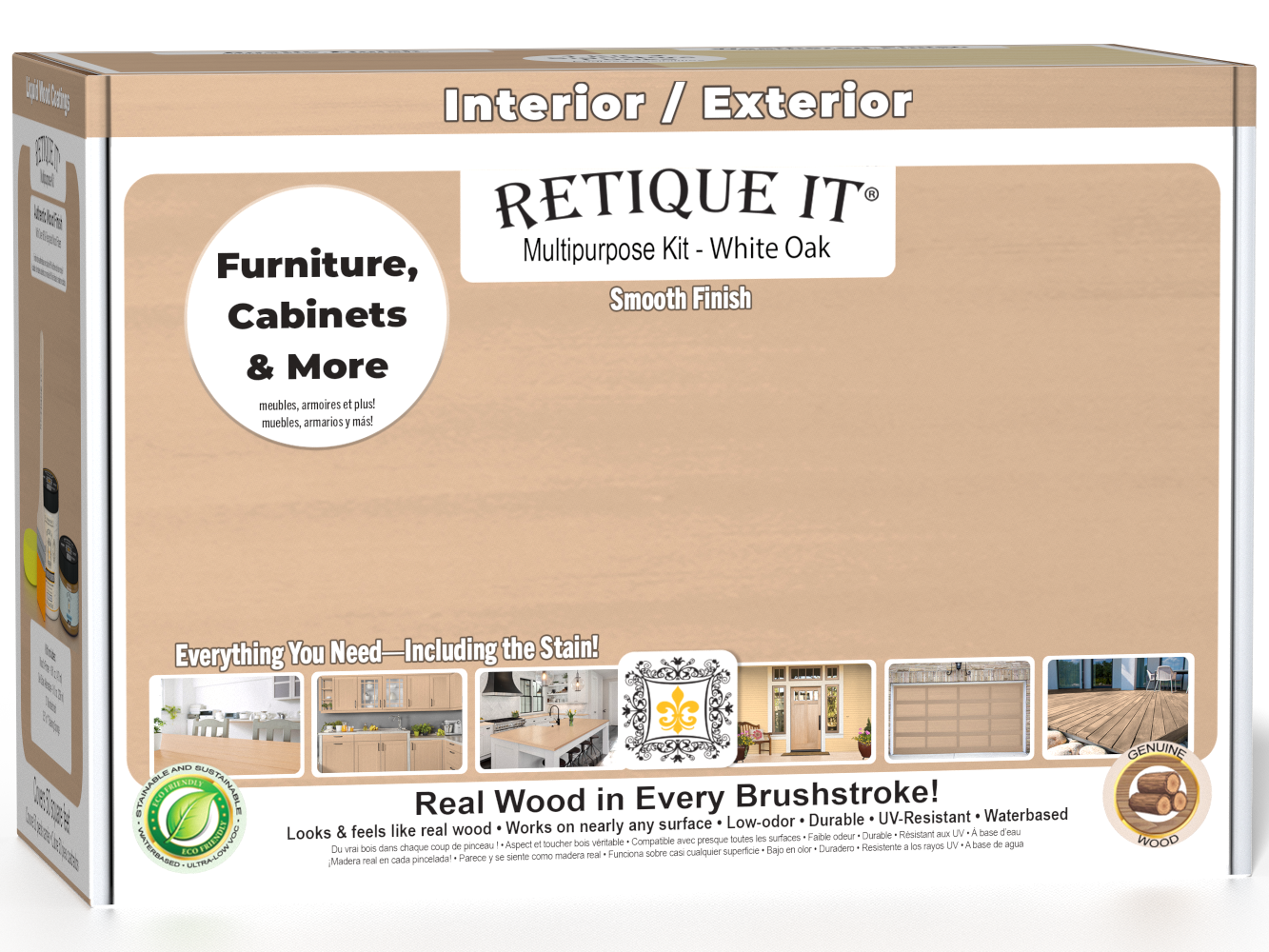 Retique It® White Oak Multi-purpose Smooth Finish Kit for exterior wood, includes top coat and application tools in a box.