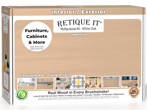 Retique It® White Oak Multi-purpose Smooth Finish Kit for exterior wood, includes top coat and application tools in a box.