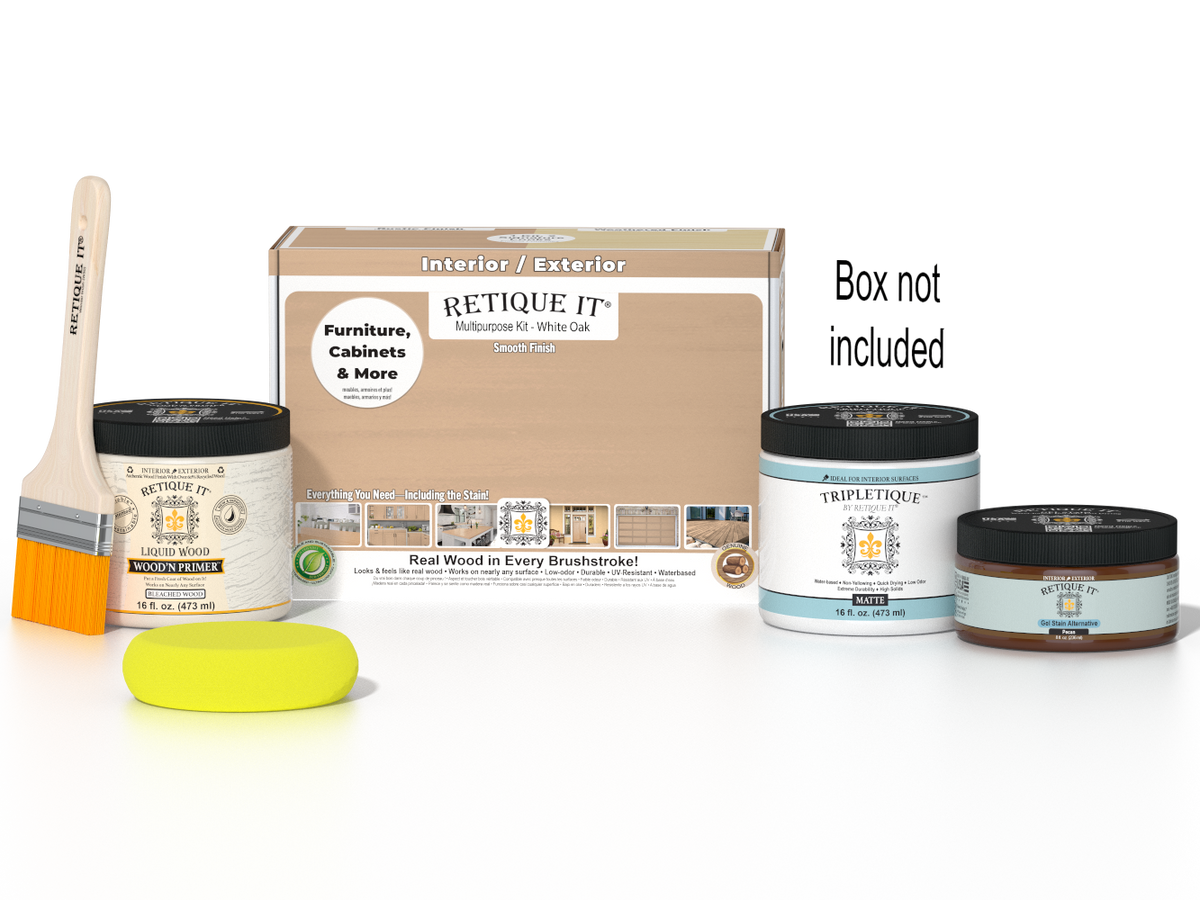 Retique It® Multi-purpose Smooth Finish Kit in White Oak for interior wood projects, includes top coat and application tools.