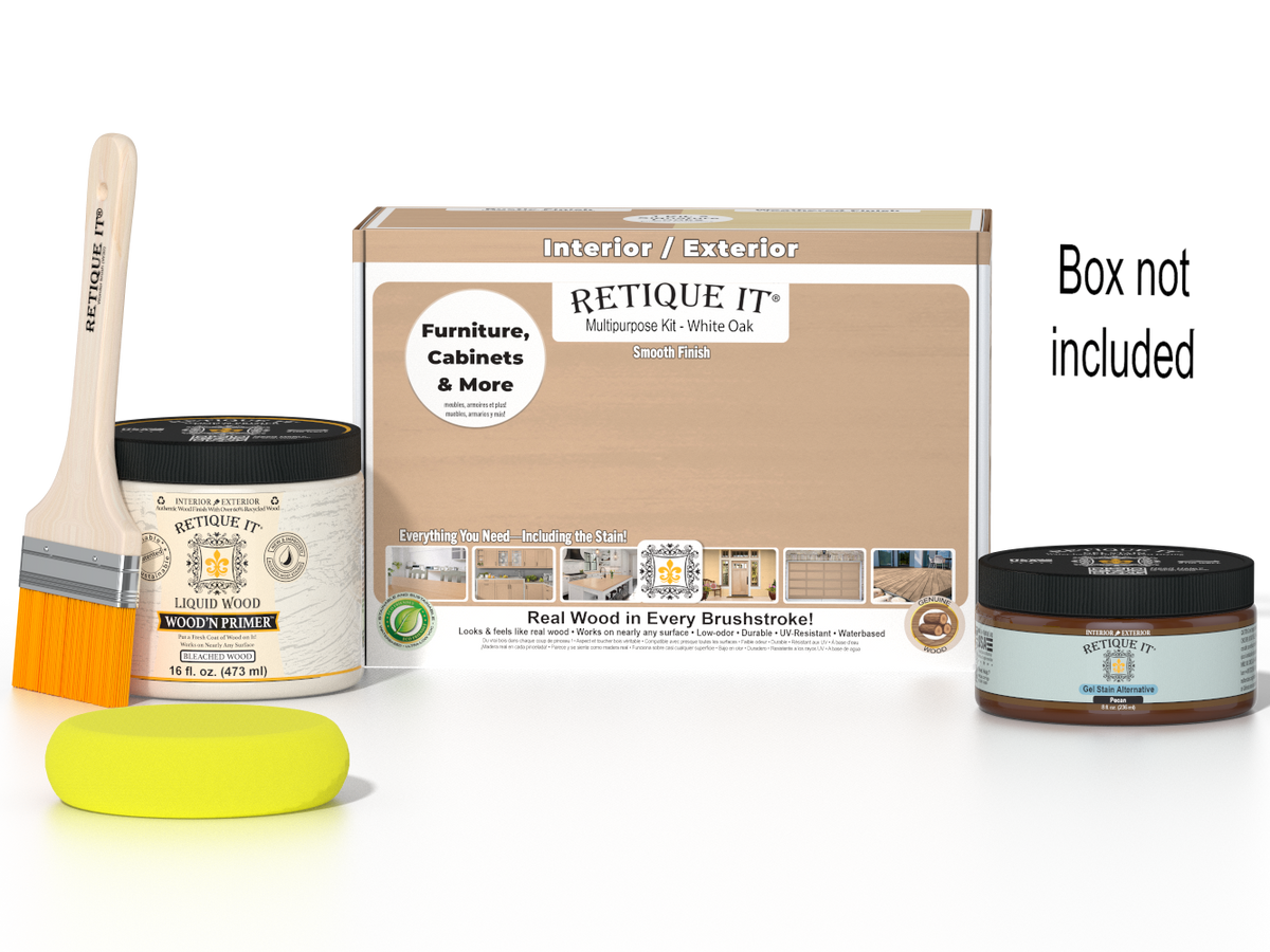 Retique It® wood finish kit in white oak with smooth finish, includes application tools in a compact box for multi-purpose use.