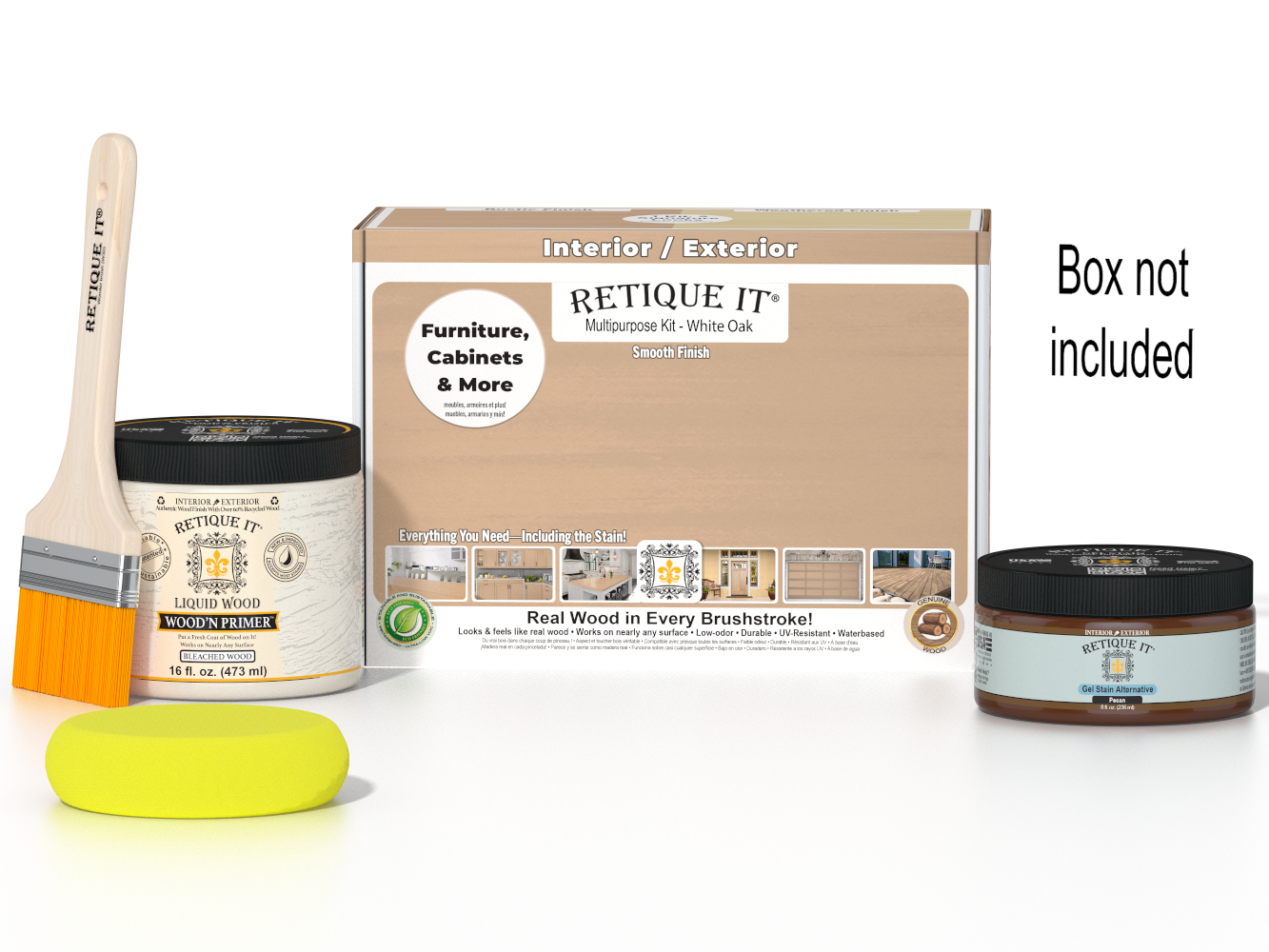 Retique It® wood finish kit in white oak with smooth finish, includes application tools in a compact box for multi-purpose use.