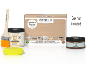 Retique It® wood finish kit in white oak with smooth finish, includes application tools in a compact box for multi-purpose use.