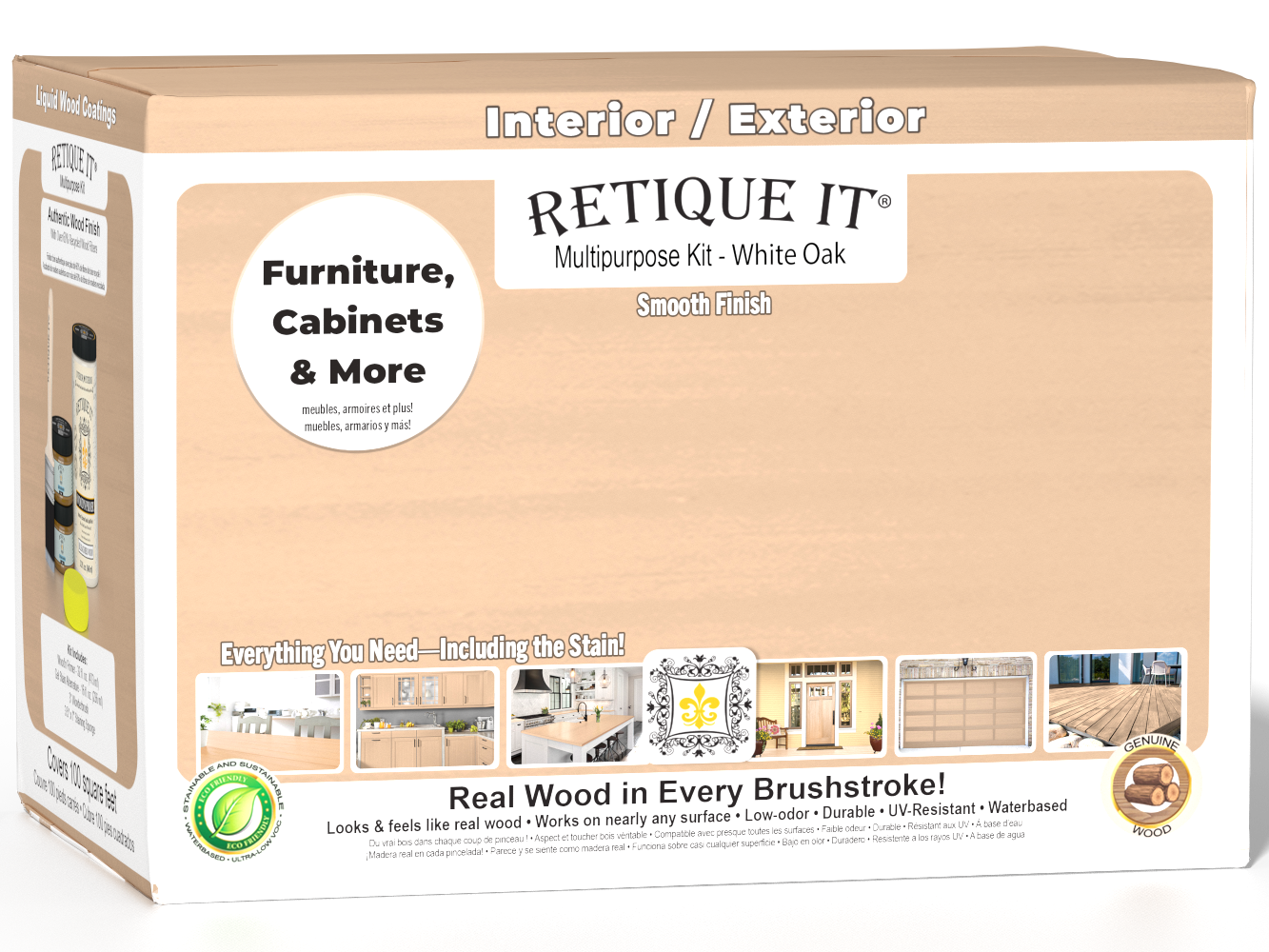 Large white oak wood finish kit by Retique It® with interior top coat in matte, featuring multiple tools for smooth woodworking projects.