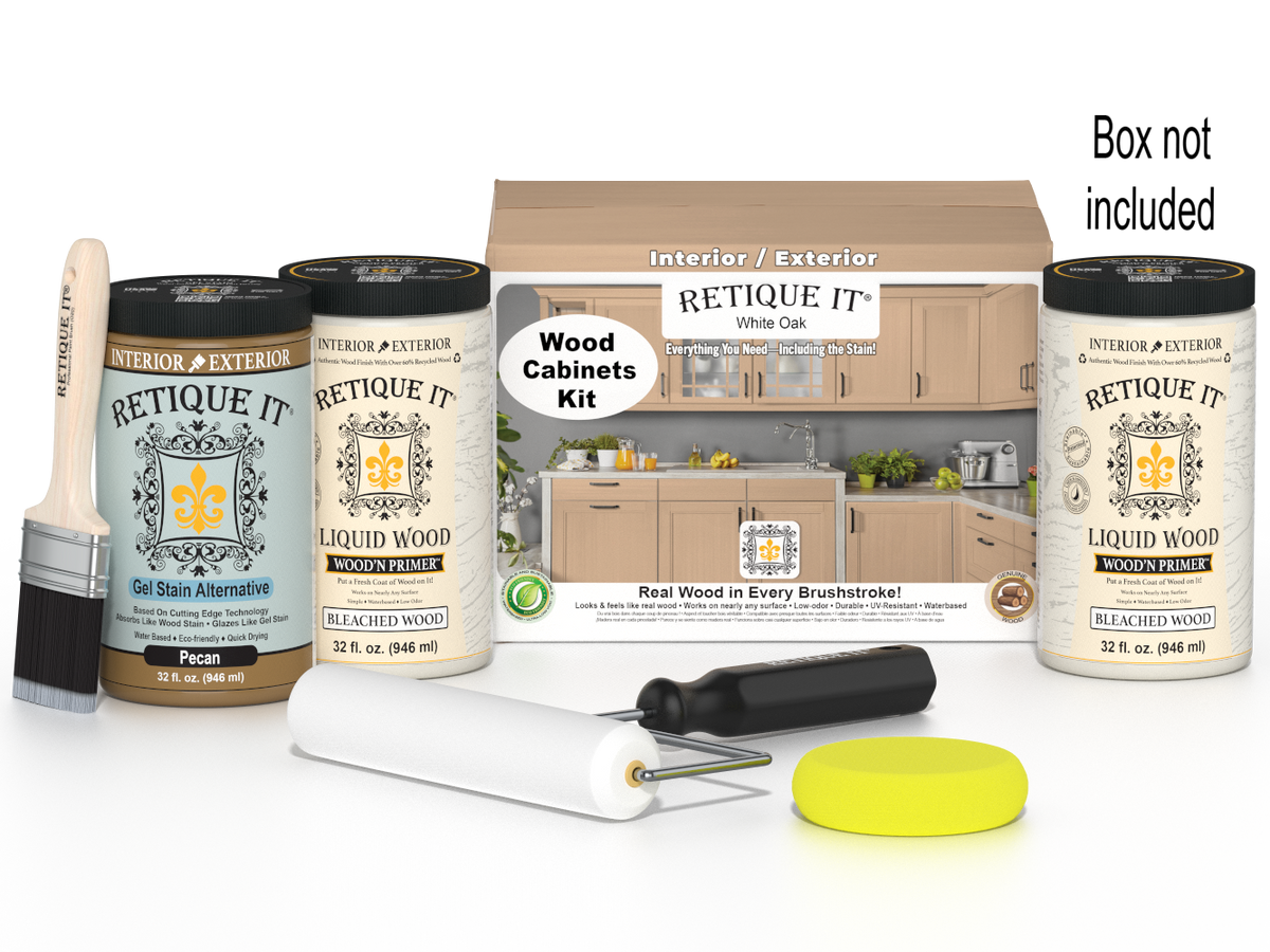 White oak Wood'n Cabinet Kit with 24 smooth doors, stained in Retique It® White Oak finish, shown with included box components.