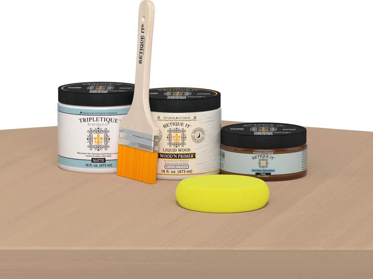 Retique It® Multi-purpose Smooth Finish Kit in White Oak for interior wood projects, featuring a matte top coat and finishing tools.