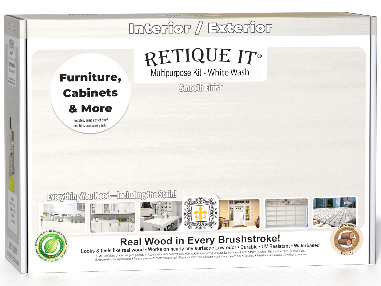 Retique It® Wood'n Finish Kits white wash exterior top coat in a multi-purpose smooth finish kit box with application tools.