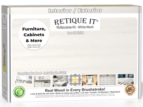 Retique It® Wood'n Finish Kits white wash exterior top coat in a multi-purpose smooth finish kit box with application tools.