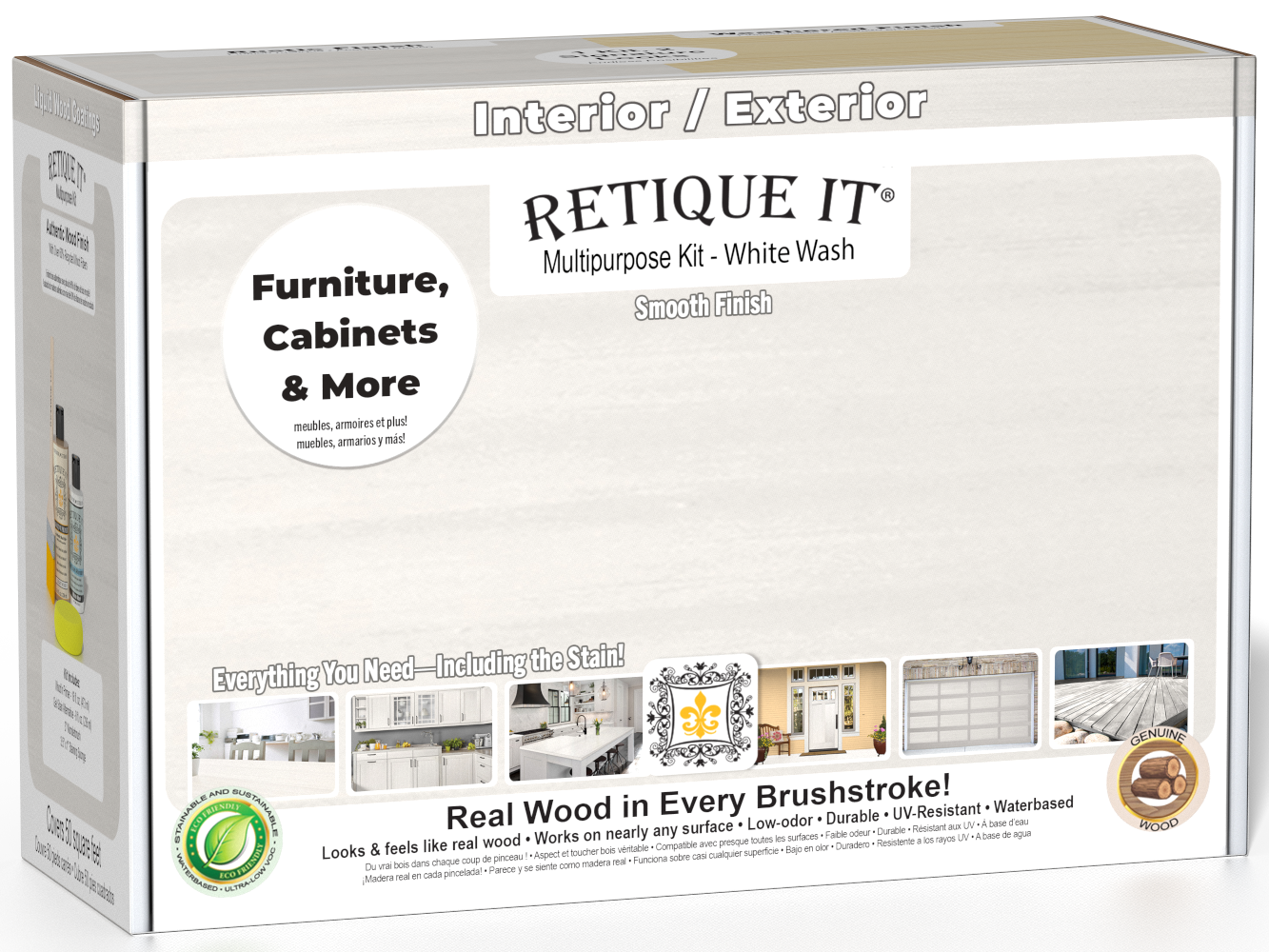 Retique It® Multi-purpose Smooth Finish Kit in White Wash for wood finishing, includes brushes and tools in a durable box.