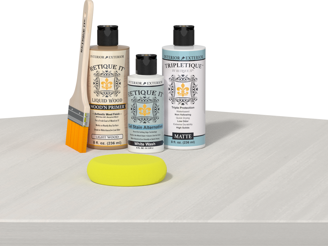 Retique It® wood finish kit featuring white wash interior top coat for smooth, multi-purpose wood furniture finishing.