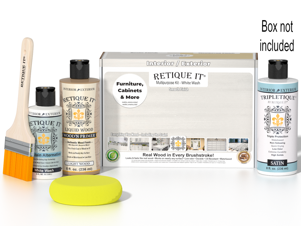 Retique It Wood'n Finish Kits white wash interior top coat in a multi-purpose smooth finish kit with applicator and brush.