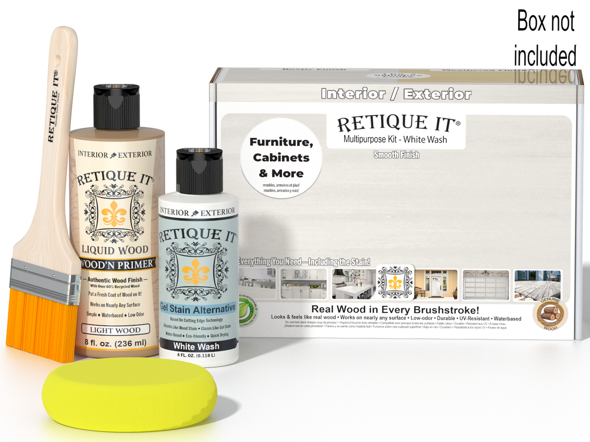 Retique It® Multi-purpose Smooth Finish Kit in White Wash for wood furniture and decor, includes applicator tools and finishing supplies.