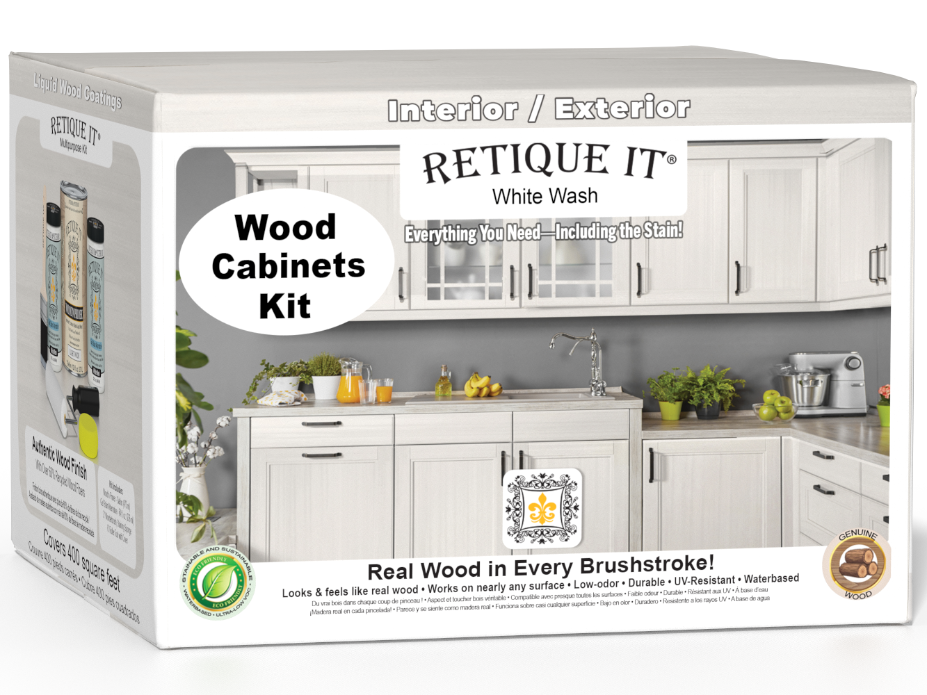 Retique It® Wood'n Cabinet Kit with 48 white wash doors, smooth finish, stainable wood cabinets for kitchen or bathroom.