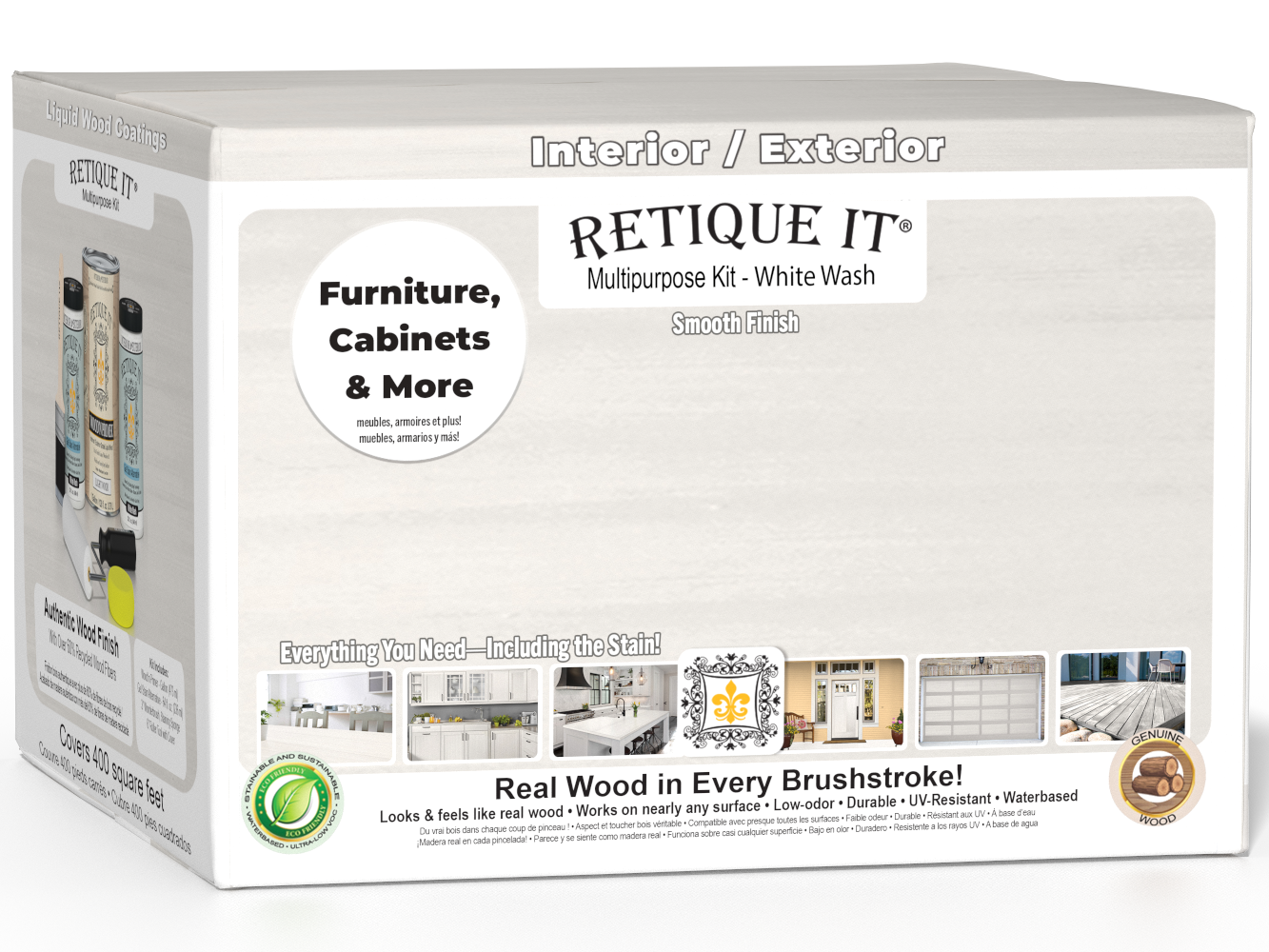 Retique It® Wood'n Finish Kit in White Wash for exterior wood, featuring four large containers of smooth finish top coat.