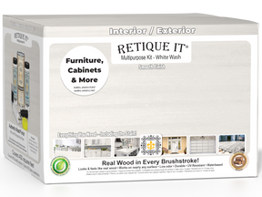 Retique It® Wood'n Finish Kit in White Wash for exterior wood, featuring four large containers of smooth finish top coat.