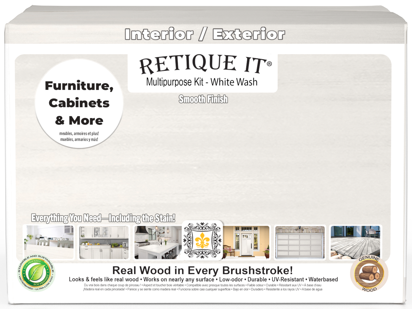 Retique It® wood finish kit with four white wash exterior top coat bottles and applicator brushes in a cardboard box.