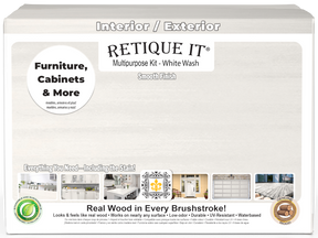 Retique It® wood finish kit with four white wash exterior top coat bottles and applicator brushes in a cardboard box.