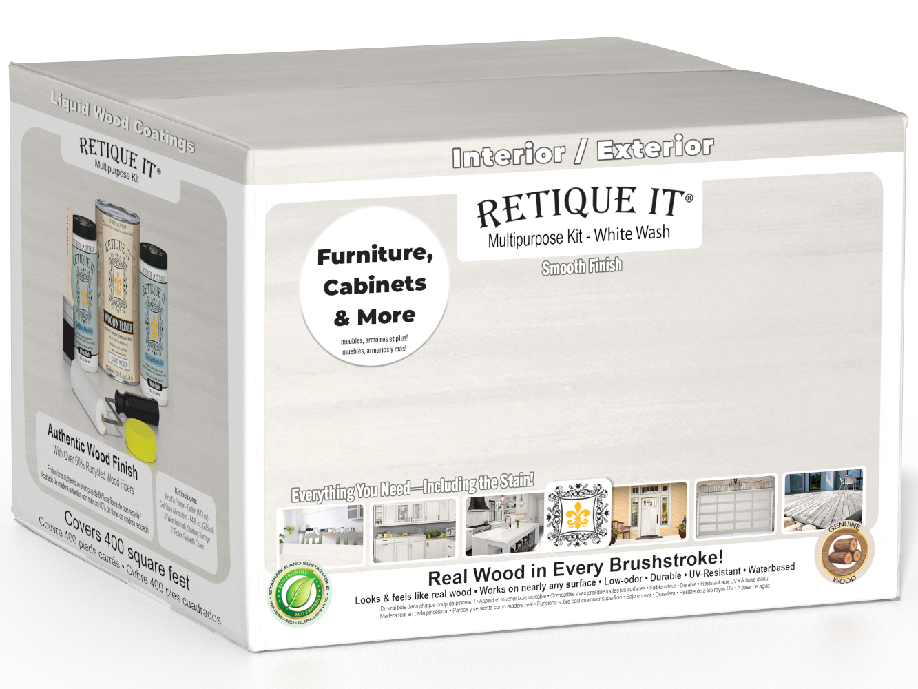 Retique It® Multi-purpose Smooth Finish Kit for exterior wood, featuring white wash top coat and large-sized wood finishing tools.