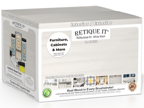 Retique It® Multi-purpose Smooth Finish Kit for exterior wood, featuring white wash top coat and large-sized wood finishing tools.