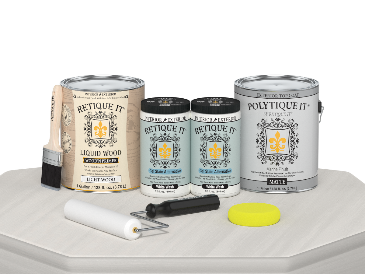Retique It® Multi-purpose Smooth Finish Kit in white wash for exterior wood, includes four large top coat containers with matte finish.